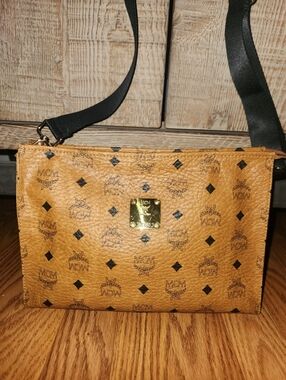 MCM Visetos Canvas Bag Clutch With Shoulder Strap Brown Leather Z4693